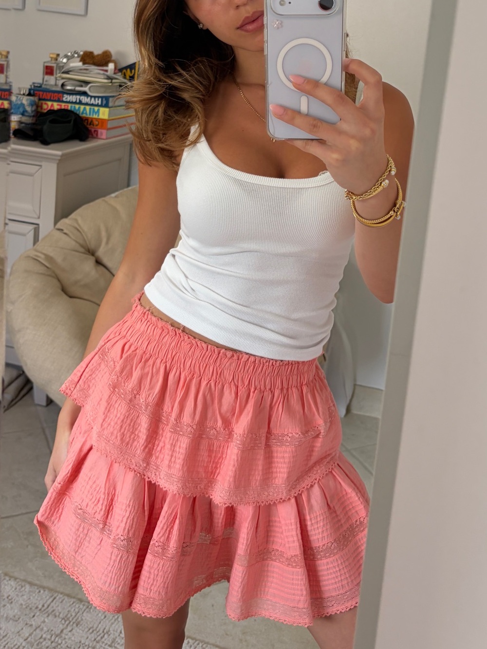 LoveShackFancy Coral Pink Tiered Ruffle Mini Skirt XS XSmall
